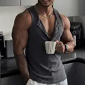 Men's athletic dark grey ribbed muscle tank top with multi-button henley neckline - S / Tops / Dark Gray