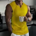 Men's bright yellow vertical striped fitness vest with a stylish V-neck sleeveless cut - 3XL / Tops / Yellow