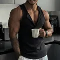 Men's ribbed black tank top with multi-button henley neck in a sleek slim fit design - S / Tops / Black