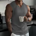 Men's dark grey ribbed V-neck sleeveless gym tank top in a modern kitchen setting - 3XL / Tops / Light Gray