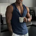 Men's athletic blue ribbed tank top featuring a multi-button neck design for fitness and gym - S / Tops / Navy Blue