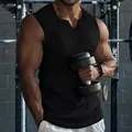Detailed view of men's black ribbed sleeveless tank top designed for gym fitness training. - S / Tops / Black