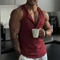 Men's slim-fit ribbed fitness tank top with multi-button neck design in dark red color - Dark Red