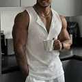 Premium men's white ribbed henley tank top for athletic fitness and casual wear - White