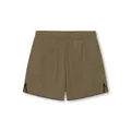 Macro view of olive men's quick-dry athletic shorts featuring laser-cut side slits - Camel