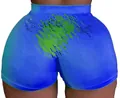 Sexy women's high-waisted yoga shorts in vibrant blue with green abstract pattern print - S / Bottoms / Blue