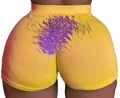 Sexy high-waisted tight yoga shorts with purple wavy print and yellow gradient - S / Bottoms / Yellow