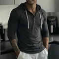 Dunkelgraues Herren-Langarm-Henley-Shirt mit Kapuze für Freizeit und Fitness im Freien - S / Oberteile / Schwarz