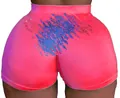 Sexy hot pink women's tight yoga shorts featuring a stylish blue graphic print pattern - S / Bottoms / Pink