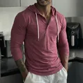 Men's heathered red long sleeve hooded henley shirt with white drawstrings and button neck - Rose Red