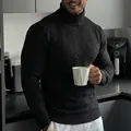 Pull à col roulé classique noir pour homme avec maille torsadée et texture jacquard - S / Hauts / Noir