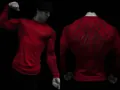 Detailed front and back view of men's red athletic compression shirt with black graphics - Red