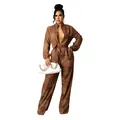 Full-body view of brown long-sleeved jumpsuit with cursive text print and belt - S / Top And Bottom / Coffee