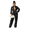 Detail of black long-sleeve jumpsuit with white script print and matching waist belt - S / Top And Bottom / Black