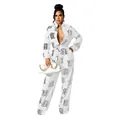 Elegant women's long-sleeve jumpsuit featuring a stylish black script pattern print - S / Top And Bottom / White
