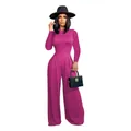 Fashionable magenta long sleeve top and wide leg pants set featuring a black hat accessory - S / Top And Bottom (D9393) / Rose Red