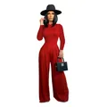 Elegant red two-piece set featuring long-sleeved bodysuit and high-waist wide-leg pants. - S / Top And Bottom (D9393) / Red