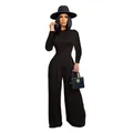 Elegant black long-sleeve top and wide-leg trouser set with a matching hat and bag. - S / Top And Bottom (D9393) / Black