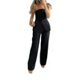 Elegant black two-piece set featuring a strapless button-down tube top and straight leg trousers. - S / Top And Bottom / Black