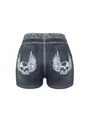 Back view of sexy denim print shorts with winged skull graphics on pockets - S / Bottom-Winged Skull Print (1) / Denim Blue