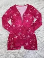 Macro view of a deep pink Gemini constellation print long sleeve romper for home wear - S / Top And Bottom / Gemini