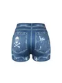 Macro view of women's blue denim-print yoga shorts with a white skull and crossbones graphic - S / Bottom-Simple Skull Print (2) / Denim Blue