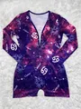 Women's long sleeve short romper featuring a purple zodiac cancer galaxy print pattern - S / Top And Bottom / Cancer