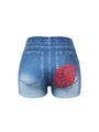 Back detail showing vibrant red rose print on high-waisted denim-look tight yoga shorts - S / Bottom-Red Rose Print (3)