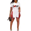 Ensemble deux pièces décontracté pour femme avec t-shirt fendu à imprimé Love et short à carreaux - S / Haut Et Bas / Rouge
