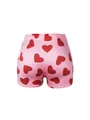 Vue détaillée d'un short de yoga rose avec un motif imprimé de cœurs rouges éclatants - S / Bas / Base rose clair imprimé cœur rouge