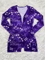 Detail of purple Aquarius constellation print on long sleeve home romper jumpsuit - Aquarius