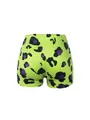 Vue détaillée du short de yoga pour femme vert fluo avec motif léopard abstrait - S / Bas / Imprimé léopard vert fluorescent et violet