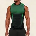 Detail of men's quick-dry compression vest with green textured upper chest. - Black and Green