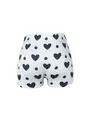 Vue détaillée du short de yoga blanc pour femme avec motifs de cœurs et pois noirs. - S / Bas / Blanc avec cœurs noirs et pois