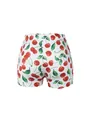 Vue détaillée du short de yoga pour femme avec un imprimé cerises rouges et feuilles. - S / Bas / Fond Blanc Imprimé Cerise Rouge