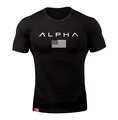 Detail view of Alpha print on men's black muscle fit gym t-shirt with American flag - M / Tops / Black