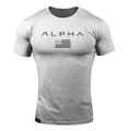 Close-up detail of grey slim fit sports T-shirt featuring ALPHA text and US flag graphic design - M / Tops / Gray