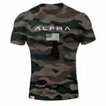 Detailed front view of men's camouflage crew neck sports T-shirt with Alpha print - M / Tops / Camouflage (Printed)