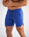 Detailansicht blaue schnelltrocknende Sportshorts mit Kordelzug und Reißverschluss. - XS / Unterteile / Dunkelblau (Mit Logo)