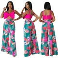 Detailansichten von Damen-Crop-Top mit Schleife und tropisch bedruckter Weithose - Grün