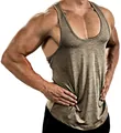 Close-up detail of a men's heathered bronze fitness tank top for intense bodybuilding - S / Tops / Khaki