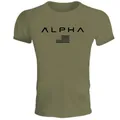 Men's olive green muscle fit sports training t-shirt with ALPHA chest graphic print - M / Tops / Army Green