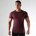 Muscle fit men's workout t-shirt in burgundy, showing athletic compression design. - M / Tops / Red