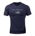Men's navy blue athletic gym t-shirt featuring ALPHA flag print for fitness training - M / Tops / Navy Blue (White Label)