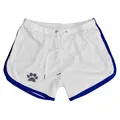 Detailed view of white mesh gym shorts with blue trim and paw print logo for men - M / Bottoms / White