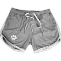 Close-up of grey breathable mesh athletic shorts featuring a white paw print logo - M / Bottoms / Gray with White Trim