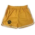 Primer plano de pantalones cortos deportivos de malla amarilla con huella negra. - Amarillo Borde Blanco