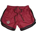 Detailed view of maroon mesh athletic shorts with breathable fabric and paw print - M / Bottoms / Burgundy with Black Border