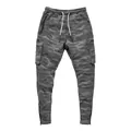 Close-up of grey camouflage cargo joggers with multiple pockets and ankle zippers - M / Bottoms / Camo Grey