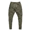Detailed view of olive green men's cargo joggers featuring multi-pockets and drawstring - Army Green
